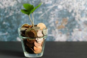 Coins in a jar with a green plant growing out of them